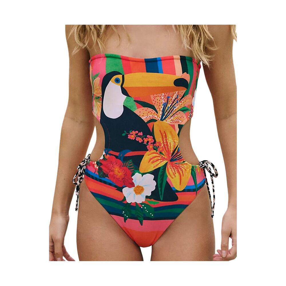 Free People NEW It's Now Cool Strapless Cut Out Tropical One Piece Swimsuit